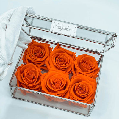 Forever roses in a small clear glass jewelry box