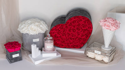 Red and white forever roses in velvet boxes, pink forever roses in a ceramic vase, and pink scented candle in a glass cup with a cloche