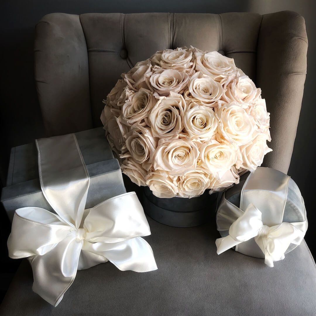 Pale Pink Preserved Roses in a Grey Velvet Box