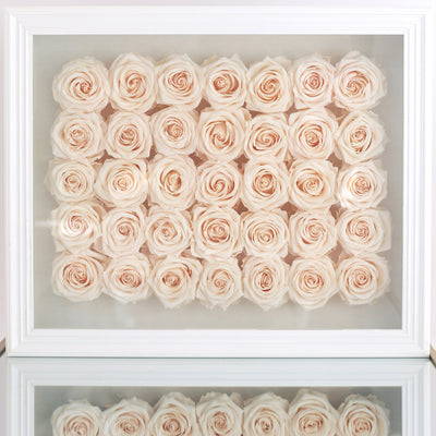 Forever roses set in a large rectangular shadow box