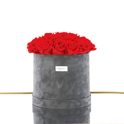 Forever roses arranged in a large suede round box