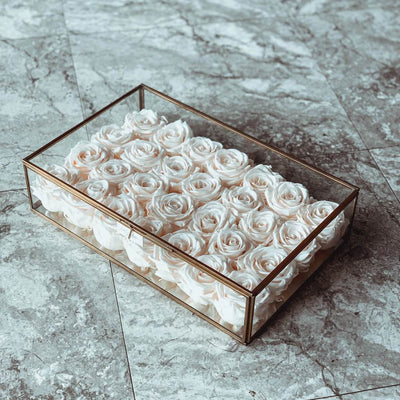 Forever roses in a large clear jewelry glass box