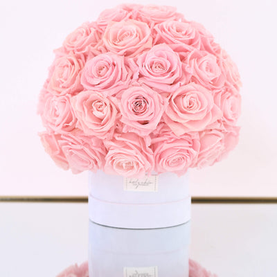 Forever roses set as a dome in a round suede box