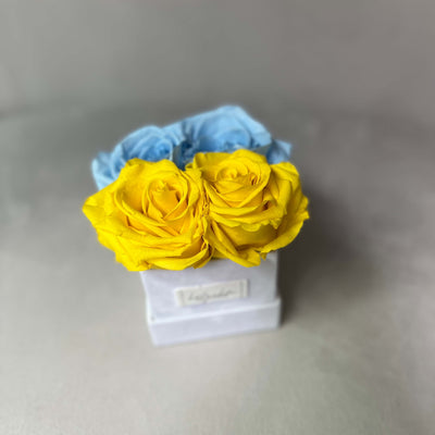 Forever roses set in a small square suede box