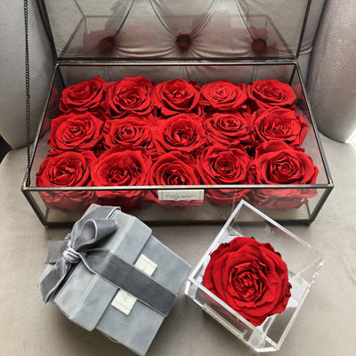 Preserved roses in a rectangular glass box