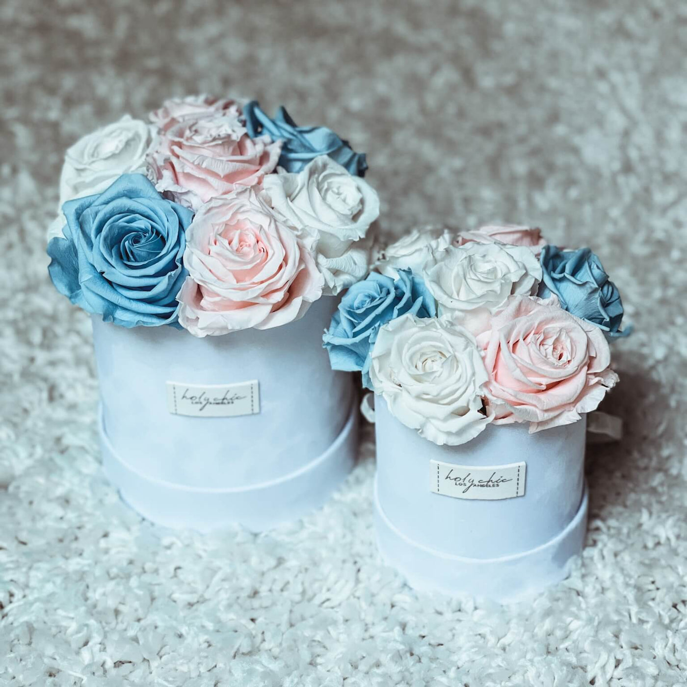 White Round Box with Pink, Light Blue and White Roses